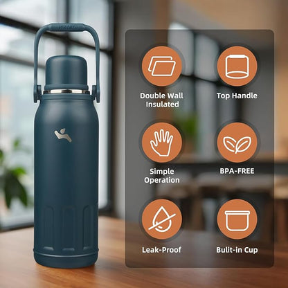 Insulated Water Bottle with Handle and Strap,Vacuum Travel Tumbler with Cup Lid,Thermo Coffee Cup for Hot Cold Drinks 50 OZ,Navy Blue