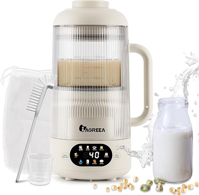 IAGREEA 35oz Noise Reducing Nut Milk Maker Machine, 10 in 1 Automatic Soy Milk Maker with 8 Blades, Homemade Oat, Juice, Yogurt, Milk Shake, 12H Delay, 6H Keep Warm, BPA-Free, Self-Cleaning
