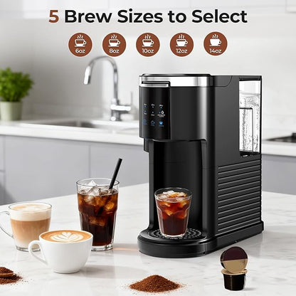 Single Serve Coffee Maker for 2 in 1 K Cup Pods & Ground Coffee,6 to 14 Oz Brew Sizes,40oz Removable Water Tank,Compact Portable Coffee Machine for Home,Black