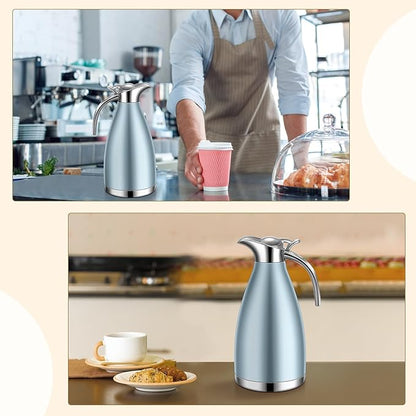 Uiifan 2 Pcs 68 oz Thermal Coffee Carafe Insulated Stainless Steel Coffee Carafe for Hot Liquids Vacuum Thermal Pot Creamer Dispenser with Brushes Keeping Hot Tea Milk Water(Khaki Blue)
