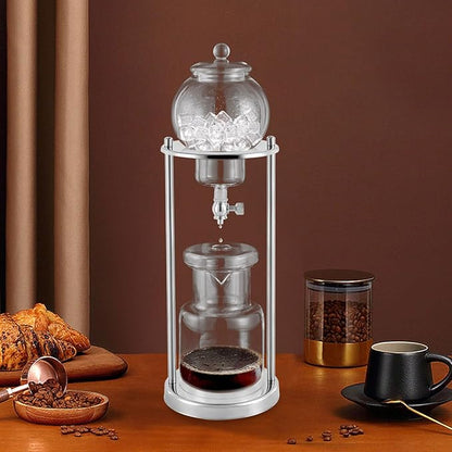 Iced Coffee Cold Brew Drip Tower Coffee Maker with Measuring Spoon, Stainless Steel Filter, Wooden, 6-8 Cup (Silver)