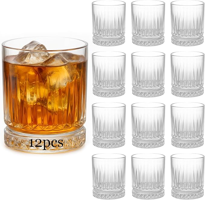 Ruckae 12 Pack 2.5oz Round Ribbed Shot Glasses - Clear Glass with Textured Stripes for Stylish Drinking - Perfect for Whiskey,Vodka,Rum and Cocktails - Ideal for Bars,Restaurants and Home Use