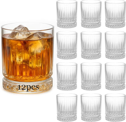 Ruckae 12 Pack 2.5oz Round Ribbed Shot Glasses - Clear Glass with Textured Stripes for Stylish Drinking - Perfect for Whiskey,Vodka,Rum and Cocktails - Ideal for Bars,Restaurants and Home Use