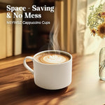 Load image into Gallery viewer, 10 Ounce White Porcelain Stackable Cappuccino Cups with Stainless Steel Holder, Set of 4, Durable Ceramic, Perfect for Home, Office, or Gift