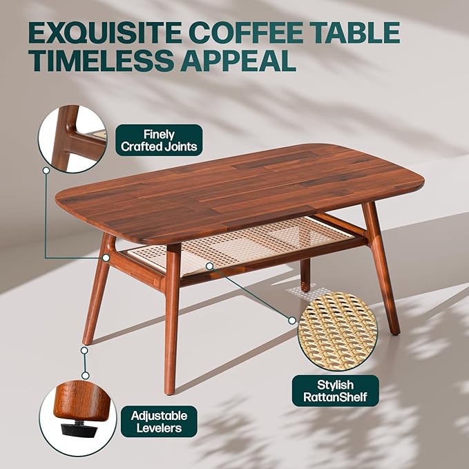 Bme Nancy Solid Acacia Wood Coffee Table for Living Room, Spacious Oval-Shaped 237 Lbs Top Capacity, Rattan Shelf Below, Mid Century, Rustic and Modern Style Living Room Furniture, Dark Chocolate