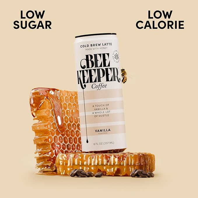 Beekeeper Coffee Cold Brew Vanilla Latte with Oregon Honey, 8 fl oz cans (Pack of 12), Ready-to-Drink, 125mg Natural Caffeine