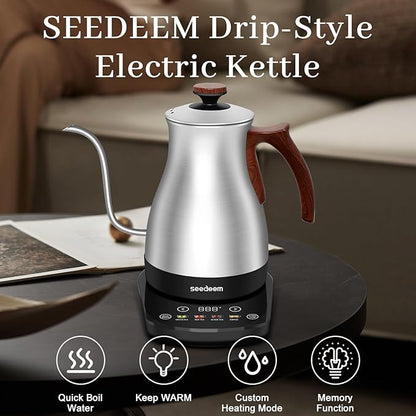 SEEDEEM Gooseneck Electric Kettle Full Touch Screen 1200W Electric Tea & Coffee Kettle with Four Heating Modes Rapid Heating,±1℉ Temperature Control，Keep Warm Mode,1L Electric kettle