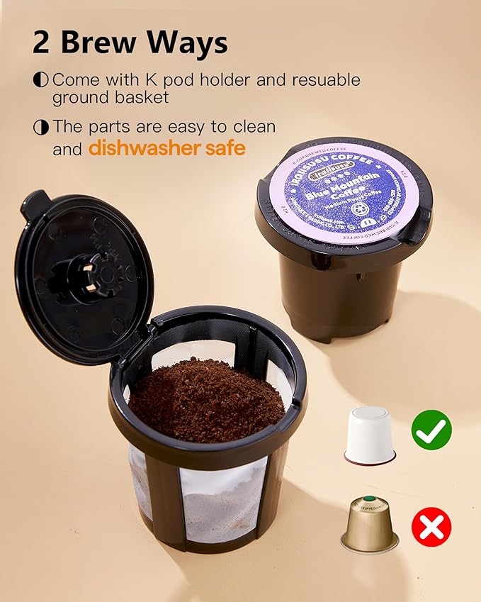 Single Serve One Cup Coffee Maker, for K Cups and Grounds, Mini Coffee Maker with Portable Handle, 6 to 12 Oz Brew Size, for Travel, Camping, Office, RV and Dorm, 120V, Black and Gold
