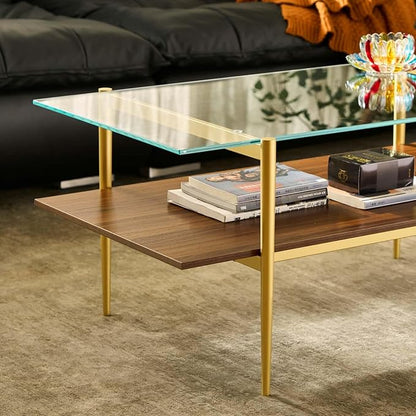 AGV LIGHTING Tadio Glass Coffee Table, Mid-Century Modern Coffee Table for Living Room, Gold Finish Leg, Clear Glass Top & Walnut Brown Wood Shelf, 41 in Length