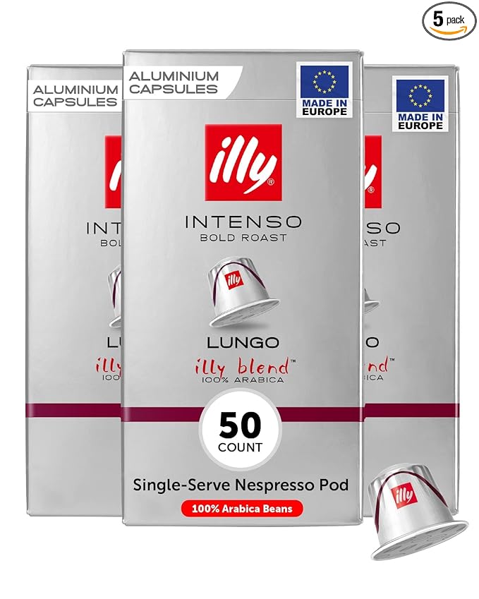 illy Aluminum Espresso Capsules - Compatible with Nespresso Machines - Intenso Lungo Roast Coffee- Bold & Full of Flavor - Notes of Cocoa and Dried Fruit - Single Serve Capsules - 10 Count (Pack of 5)