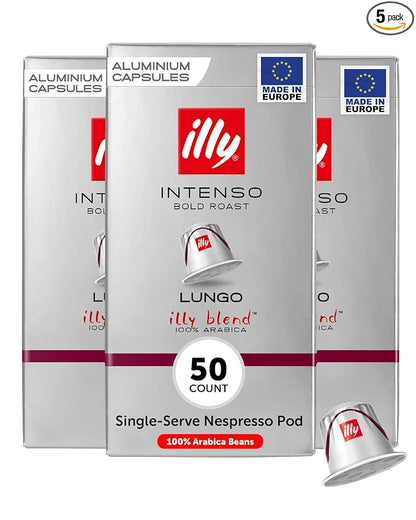 illy Aluminum Espresso Capsules - Compatible with Nespresso Machines - Intenso Lungo Roast Coffee- Bold & Full of Flavor - Notes of Cocoa and Dried Fruit - Single Serve Capsules - 10 Count (Pack of 5)