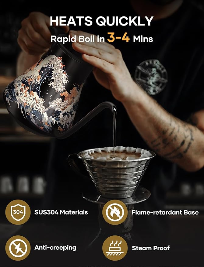 Cocinare FLOW M9 Electric Gooseneck Kettle, ±1℉ Temperature Control for Pour-over Coffee & Tea, Stainless Steel Interior, Quick Heating for Boiling Water (Wave)