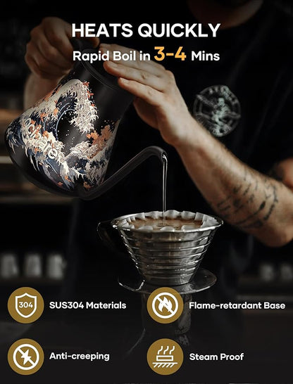 Cocinare FLOW M9 Electric Gooseneck Kettle, ±1℉ Temperature Control for Pour-over Coffee & Tea, Stainless Steel Interior, Quick Heating for Boiling Water (Wave)