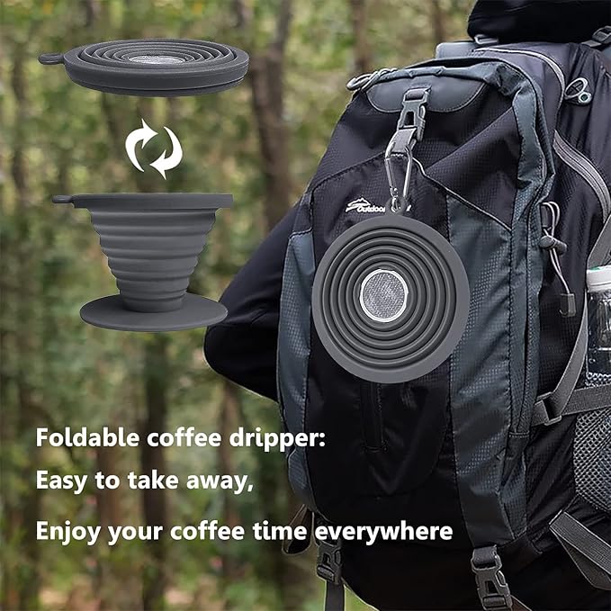 Collapsible Coffee Dripper Pour Over Coffee Filter, Silicone Reusable Coffee Maker,Paperless Coffee Brew Maker,Dishwasher Safe,Carabineer for Hiking, Backpacking,Camping,Home,Office(Grey)