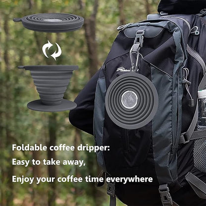 Collapsible Coffee Dripper Pour Over Coffee Filter, Silicone Reusable Coffee Maker,Paperless Coffee Brew Maker,Dishwasher Safe,Carabineer for Hiking, Backpacking,Camping,Home,Office(Grey)