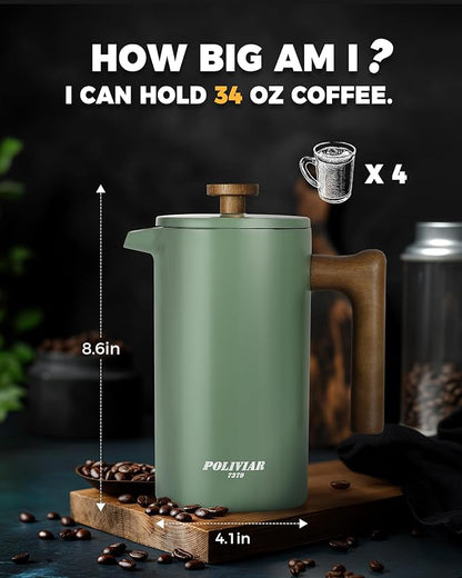 POLIVIAR French Press Coffee Maker, 34 oz Coffee Press with Real Wood Handle, Double Wall Insulation & Dual-Filter Screen, Food Grade Stainless Steel for Good Coffe and Tea (Flatland)