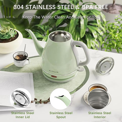Electric Gooseneck Kettle, 1L 1500WFast Boil, 100% Stainless Steel BPA Free Pour-Over Coffee & Tea Kettle,Water Boiler with Auto Shut & Boil-Dry Protectio,Green