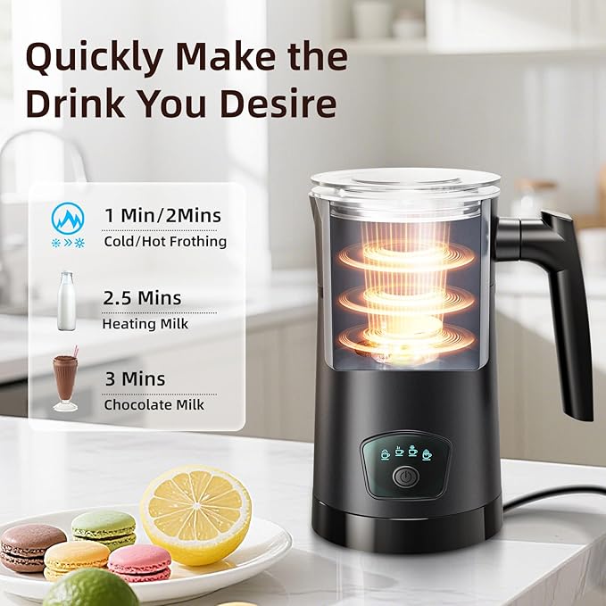 Milk Frother, 4 in 1 Electric Milk Steamer, Hot and Cold Foam Maker, 1 min Fast Frothing, 11.8 oz/350 mL Milk Warmer, Frother for Latte, Cappuccino, Temperature Control, Auto Shut-Off