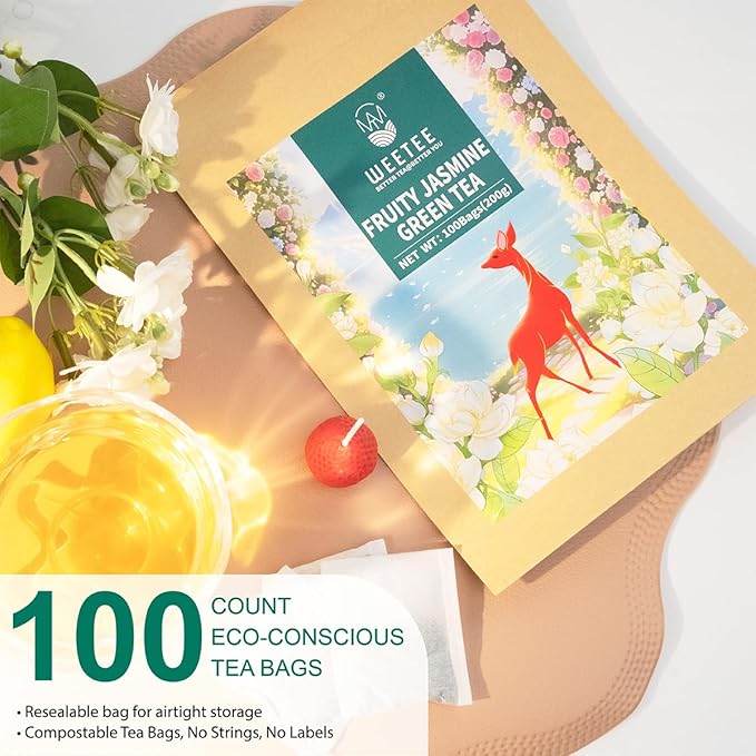 WT WEETEE Fruity Jasmine Green Tea Bags 100 Counts, Flavored Green Tea with Jasmine, Grapes, Passionfruit & Strawberry Aroma, Natural, Balanced & Refreshing