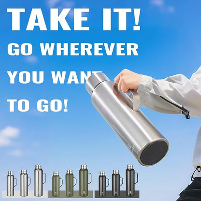 Insulated Vacuum Thermo Bottle 750ml/25.4oz with Cup Stainless Steel Coffee Bottles for Hot and Cold Drink Water Flask.(Silver, with Handle, 750ml)