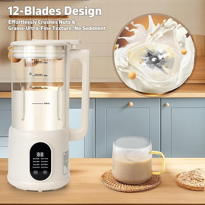 8 in1 Automatic Nut Milk Maker, 40oz Soybean Milk Machine, Homemade Almond, Oat, Soy, Plant-Based Milk and Non Dairy Beverages, 12 Hours Timer/Room Temp/Auto-Clean/Keep Warm/Boil/Low-Noise