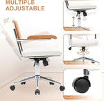 Load image into Gallery viewer, Rattan Office Chairs, Modern Rattan Desk Chair with Natural Back &amp; Wood Armrest, Small Upholstered Tufted Leather Home Office Desk Chairs for Home Office, Bedroom, Study, White