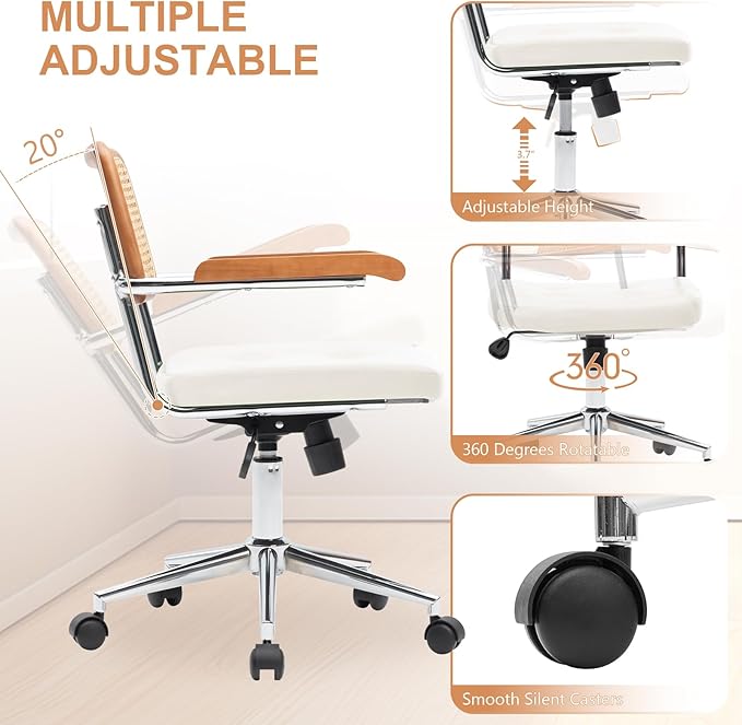 Rattan Office Chairs, Modern Rattan Desk Chair with Natural Back & Wood Armrest, Small Upholstered Tufted Leather Home Office Desk Chairs for Home Office, Bedroom, Study, White