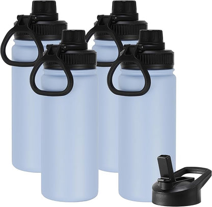 DOMICARE 16 oz Kids Water Bottle for School Stainless Steel Double Wall Vacuum Insulated Water Bottle with Straw lids & Spout Lid, Leakproof BPA Free (Light Blue,4)