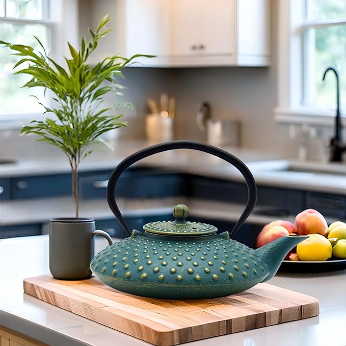 27.1oz Small Cast Iron Teapot,SECHUDO Tea Kettle Coated with Enameled Interior for Stovetop Safe, Japanese Style Cast Iron Teapot with Stainless Steel Infuser for Loose Tea,Flat Pattern(800ml)