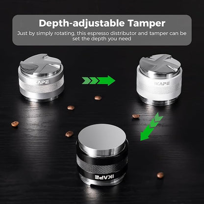 IKAPE Coffee Products, 58mm Coffee Distributor & Hand Tamper, Adjustable Depth Espresso Distributor Fits All 58mm Espresso Portafilter, Compatible with Rancilio, Gaggia Bottomless Portafilter (White)