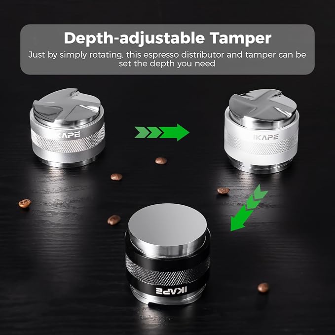 IKAPE Coffee Products, 53mm Coffee Distributor & Hand Tamper, Adjustable Depth Espresso Distributor Fits All 53mm Espresso Portafilter, Compatible with 54MM Breville Bottomless Portafilter (White)