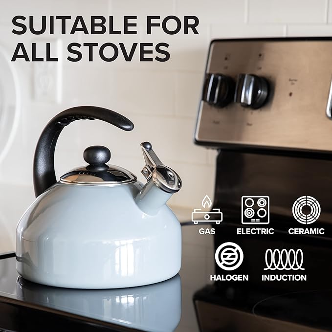 Farberware Omega Tea Kettle, Whistling Tea Pot, Works For All Stovetops, Porcelain Enamel on Carbon Steel, BPA-Free, Rust-Proof, Stay Cool Handle, 2.75 quart (11 cups) Capacity(Gray)