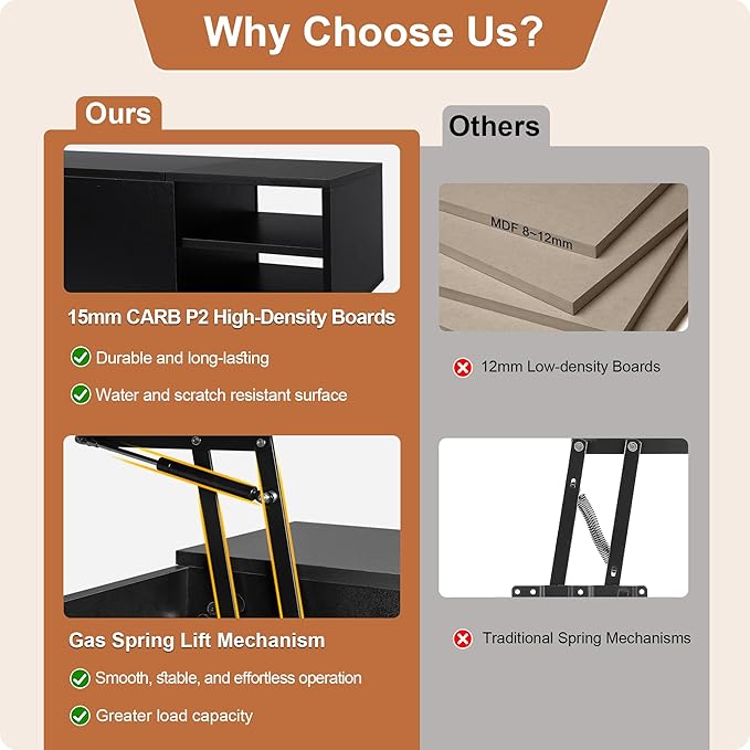 ALINE FURNITURE Black Lift Top Coffee Table with Hidden Storage Compartment, Solid Wood Legs & Open Shelves - 40" Pop Up Coffee Tables for Living Room