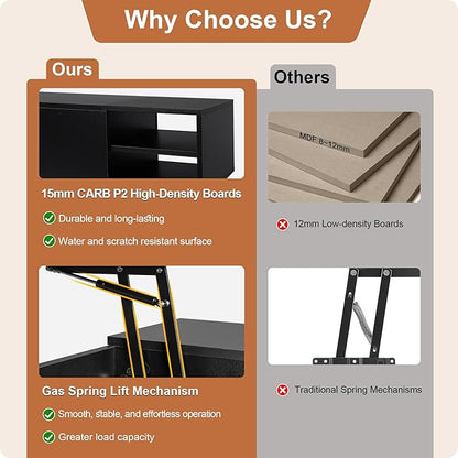 ALINE FURNITURE Black Lift Top Coffee Table with Hidden Storage Compartment, Solid Wood Legs & Open Shelves - 40" Pop Up Coffee Tables for Living Room