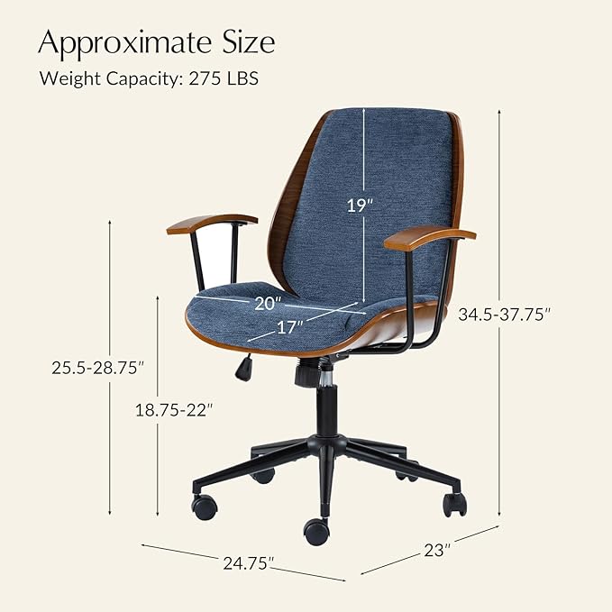 HULALA HOME Solid Wood Office Chair with Rocking Function, Comfy Fabric Desk Chair with Bent Wood and Metal Base, Height Adjustable Swivel Computer Task Chair, Navy