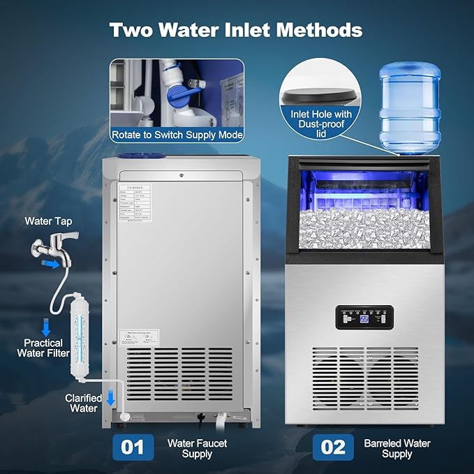 Commercial Ice Maker Machine 100Lbs/24H with 2 Water Inlet Modes, 36Pcs Ice Cubes in 8-15 Mins, Stainless Steel Under Counter/Freestanding Ice Machine with 24Lbs Storage Bin for Home/Shop/Office/Bar