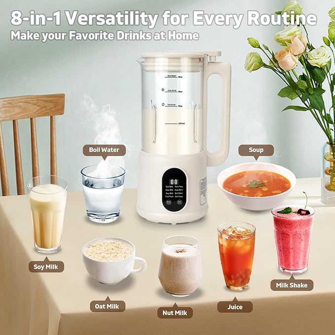 8 in1 Automatic Nut Milk Maker, 40oz Soybean Milk Machine, Homemade Almond, Oat, Soy, Plant-Based Milk and Non Dairy Beverages, 12 Hours Timer/Room Temp/Auto-Clean/Keep Warm/Boil/Low-Noise