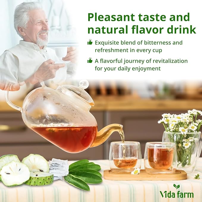 VIDA FARM 50 Premium Soursop Tea Bags, 100% Natural Pure Soursop Leaves: Pleasant Taste, Natural Flavor, Caffeine Free, Hojas de Guanabana Para te, Dried Graviola Leaves Guyabano Tea