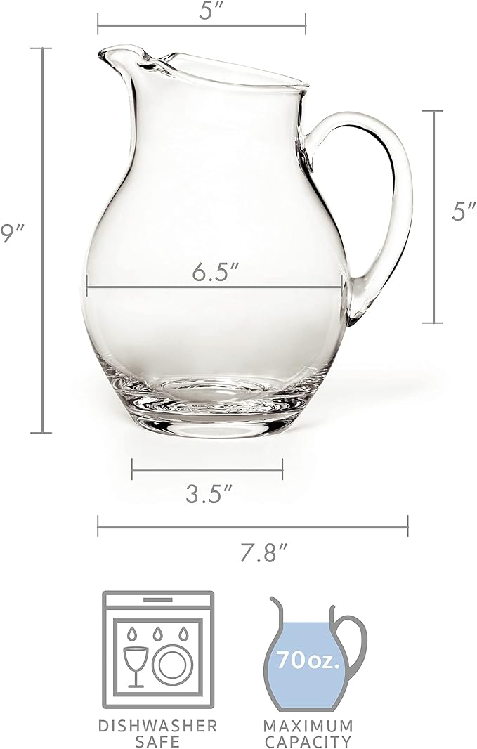 Mikasa Napoli Clear Glass Beverage Pitcher, 70 Ounce Capacity, Durable and Elegant Design for Serving Water, Iced Tea, or Cocktails