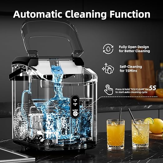 Nugget Countertop Ice Maker with Soft Chewable Pellet Ice, Automatic 34Lbs/24H,Pebble Portable Ice Machine with Ice Scoop, Self-Cleaning, One-Click Operation, for Kitchen,Office, Bar(Highlight Black)