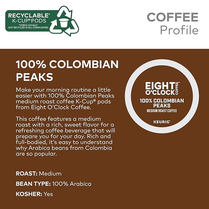 Eight O'Clock Coffee Colombian Peaks, Single-Serve Keurig K-Cup Pods, Medium Roast Coffee, 24 Count