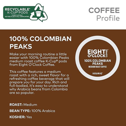 Eight O'Clock Coffee Colombian Peaks, Single-Serve Keurig K-Cup Pods, Medium Roast Coffee, 24 Count