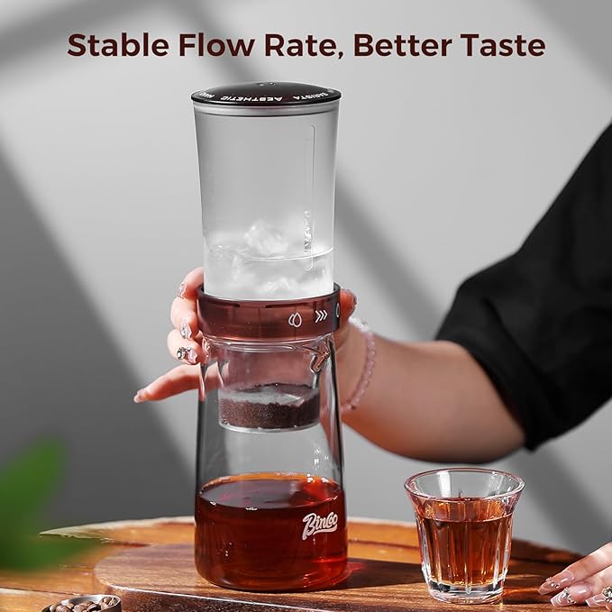 Adjustable Flow Cold Brew Coffee Maker, 450ml Glass Ice Drip Tower with Control Valve & 500-Mesh Stainless Steel Filter for Smooth, Low-Acid Cold Brew Iced Coffee at Home (Translucent Amber)