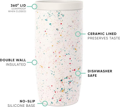 Simple Modern Travel Coffee Mug Tumbler with 360° Lid | Ceramic-Lined Insulated Stainless Steel Cold Brew Iced Coffee Cup Thermos | Gifts for Women Her Him | Voyager Signature | 16oz | Cream Terrazzo