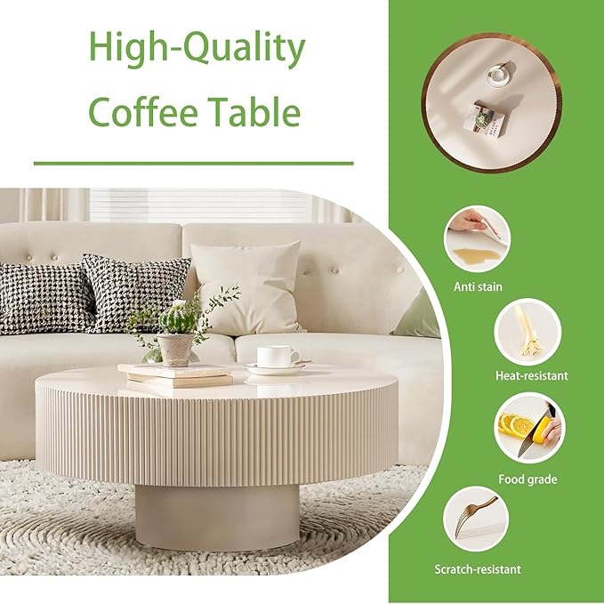 Handmade Round Fluted Drum-Shaped Coffee Table、Rustic Modern Circular Centerpiece for Living Room & Farmhouse Decor、Easy to Clean (A Off White 30.9 in)