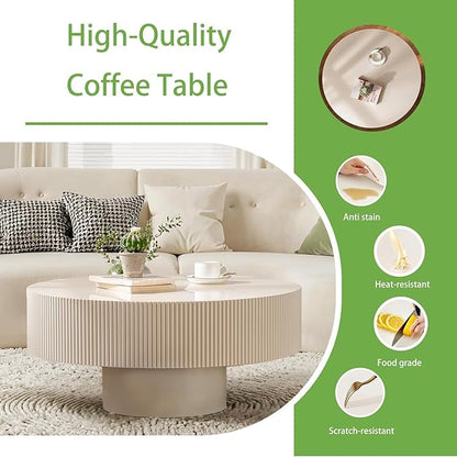 Handmade Round Fluted Drum-Shaped Coffee Table、Rustic Modern Circular Centerpiece for Living Room & Farmhouse Decor、Easy to Clean (A Off White 30.9 in)