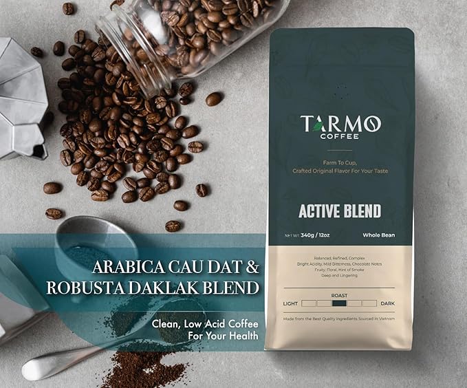 TARMO - ACTIVE BLEND | Low Acid ARABICA & ROBUSTA BLEND Whole Bean Coffee | Specialty Vietnamese Coffee | Single Origin Medium Roast | Premium Espresso Beans, 35.5 Oz Bag