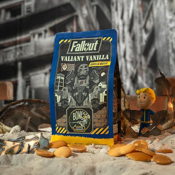 Bones Coffee Company Fallout Valiant Vanilla, Vanilla Wafer Flavored Coffee, Medium Roast Low Acid Arabica Beans Compatible with Auto drip and French Press Coffee Maker, 12 Oz Whole Bean