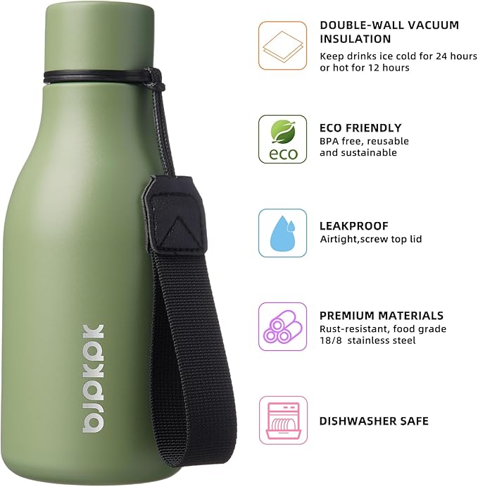 BJPKPK Insulated Water Bottles, 12oz Stainless Steel Metal Water Bottle with Strap, BPA Free Leak Proof Jugs, Mugs, Flasks, Reusable Thermal Flasks for Sports & Travel, Forest Green
