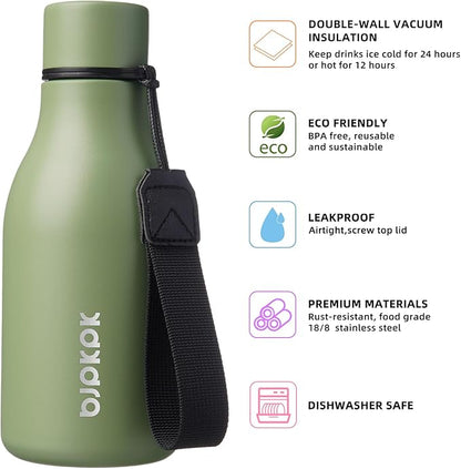 BJPKPK Insulated Water Bottles, 12oz Stainless Steel Metal Water Bottle with Strap, BPA Free Leak Proof Jugs, Mugs, Flasks, Reusable Thermal Flasks for Sports & Travel, Forest Green